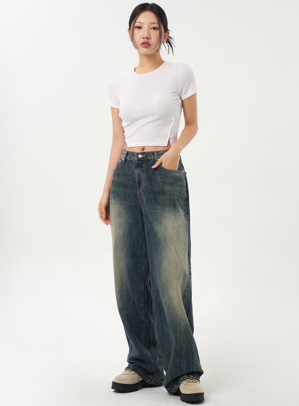 Dark Wash Baggy Jeans CA326 - Korean Women's Fashion | LEWKIN