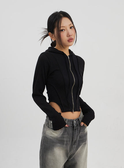 Ribbed Cropped Zip-Up Hoodie CJ330