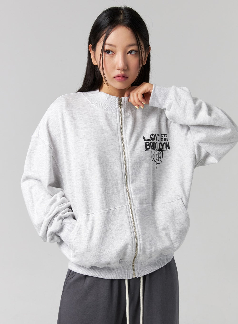 Collarless Zip-Up Sweatshirt CG329 - Korean Women's Fashion | LEWKIN