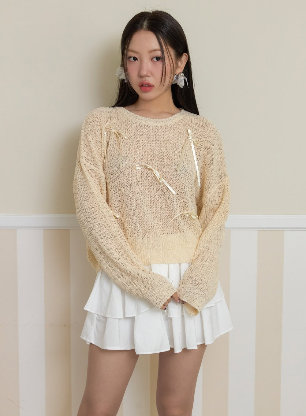 ribbon-mesh-sweater-oy427 / Beige