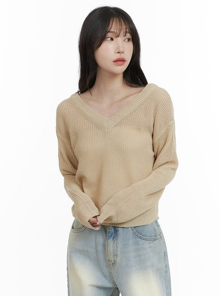 v-neck-sheer-knit-top-ca403 / Beige