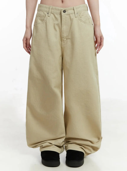 wide-herringbone-fleece-lined-pants-ij521 / Beige