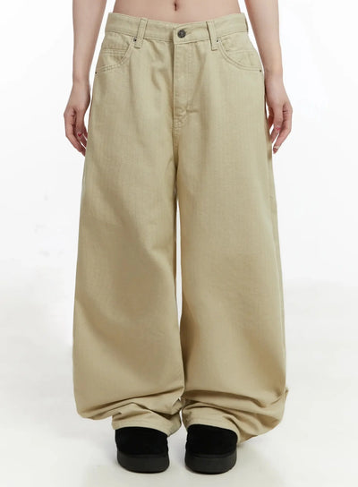 wide-herringbone-fleece-lined-pants-ij521 / Beige