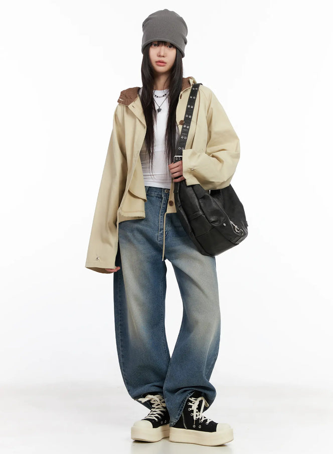 two-tone-short-trench-hooded-jacket-cm512 / Beige