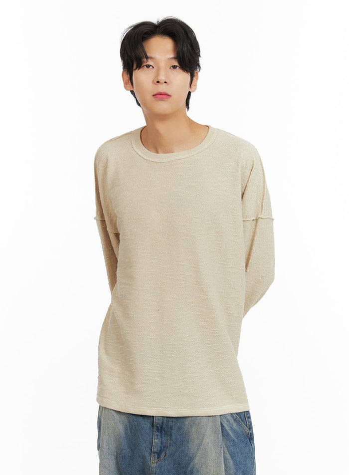 mens-textured-crew-neck-long-sleeve-top-ia402 / Beige