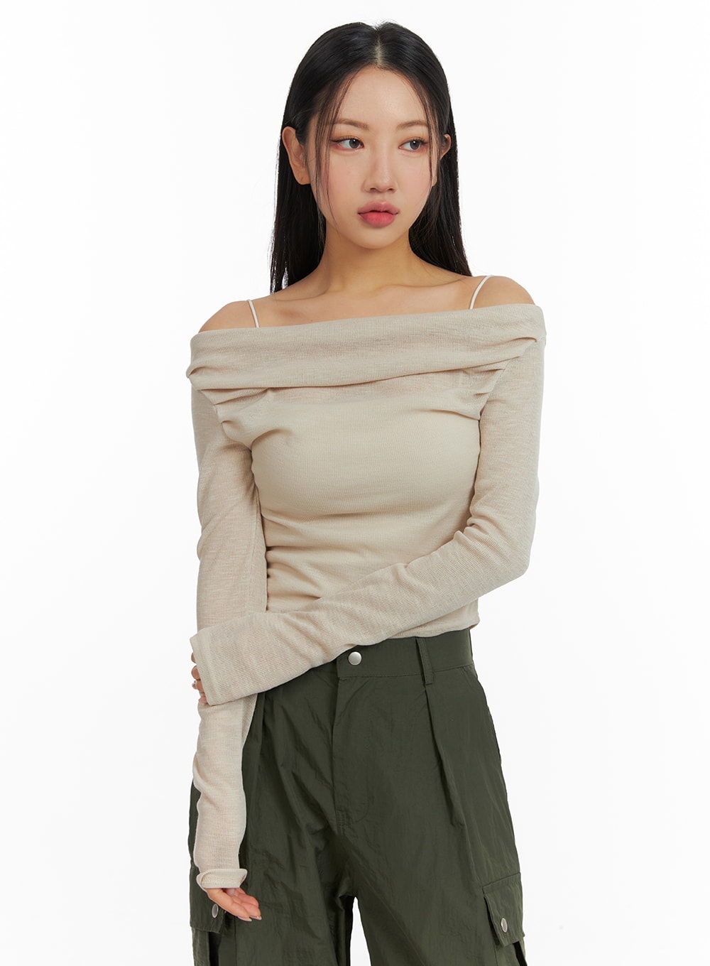 Semi-Ruched Solid Off-Shoulder Long Sleeve CM411 - Acubi style | LEWKIN