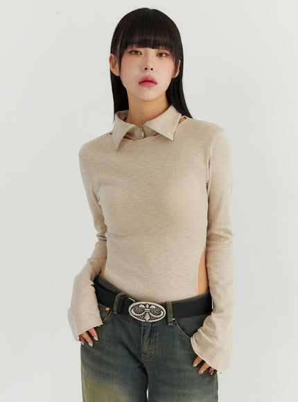 long-sleeve-top-with-high-neck-collar-co319 / Beige