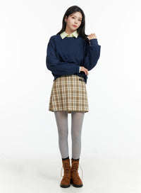 checkered-buckle-mini-skirt-of415 / Beige