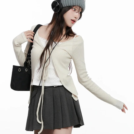 elegant-tie-front-ribbon-cardigan-in514 / Beige