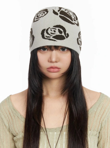 rose-pattern-knit-beanie-ia523 / Beige