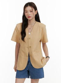 linen-buttoned-short-sleeve-jacket-ou413 / Beige