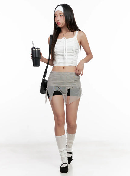 sheer-frill-asymmetric-mini-skirt-cl518 / Beige