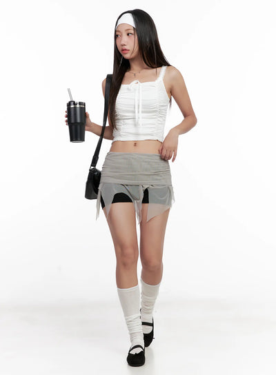 sheer-frill-asymmetric-mini-skirt-cl518 / Beige