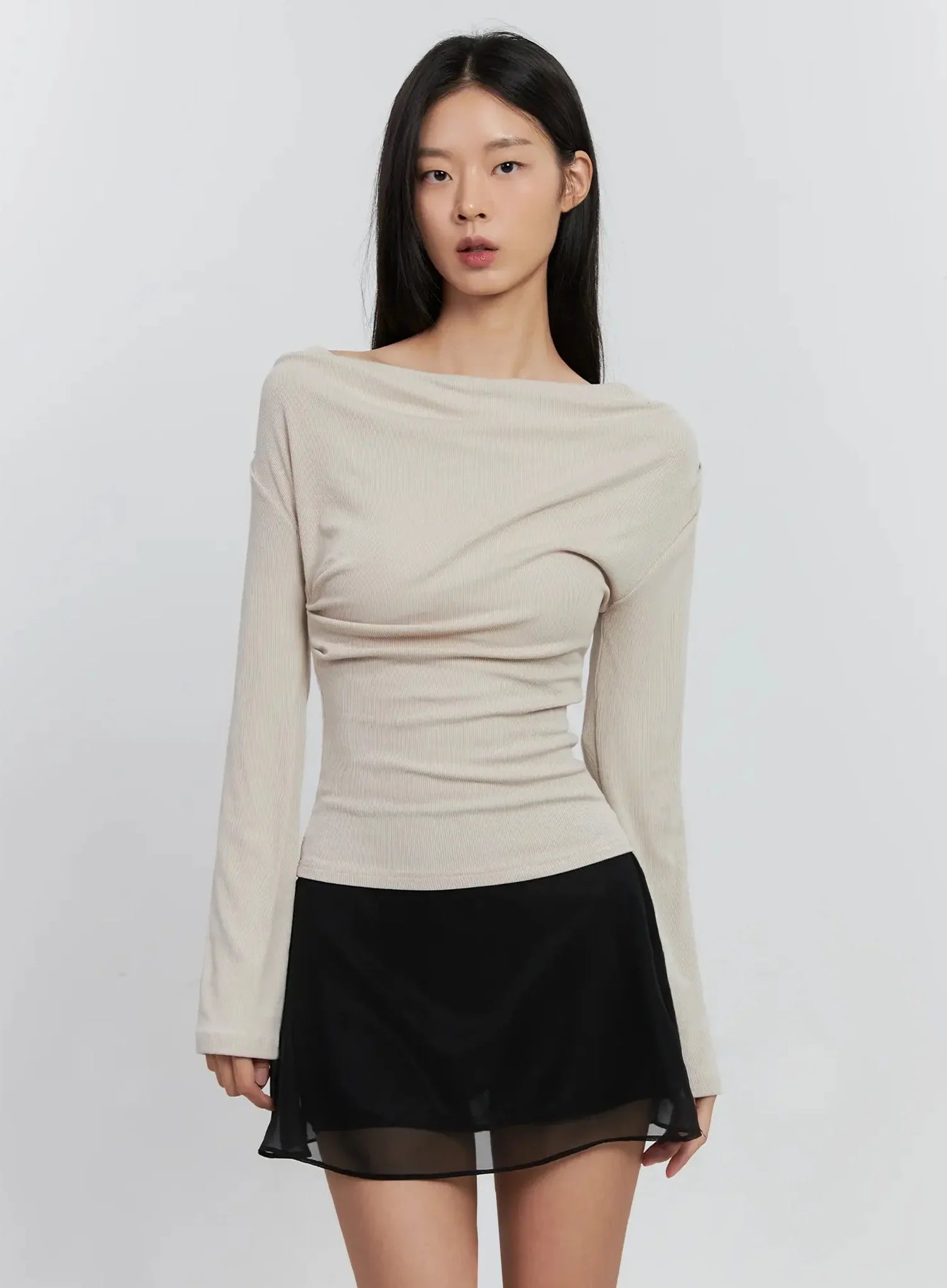 asymmetric-long-sleeve-top-is516 / Beige