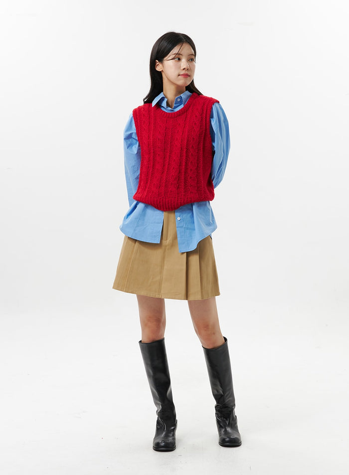 cotton-pleated-mini-skirt-oo312 / Beige