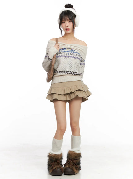 frill-hem-fleece-lined-mini-skirt-cn520 / Beige