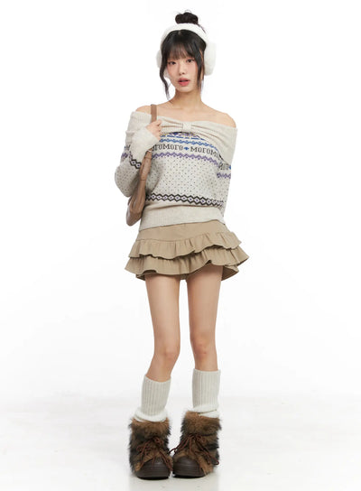 frill-hem-fleece-lined-mini-skirt-cn520 / Beige