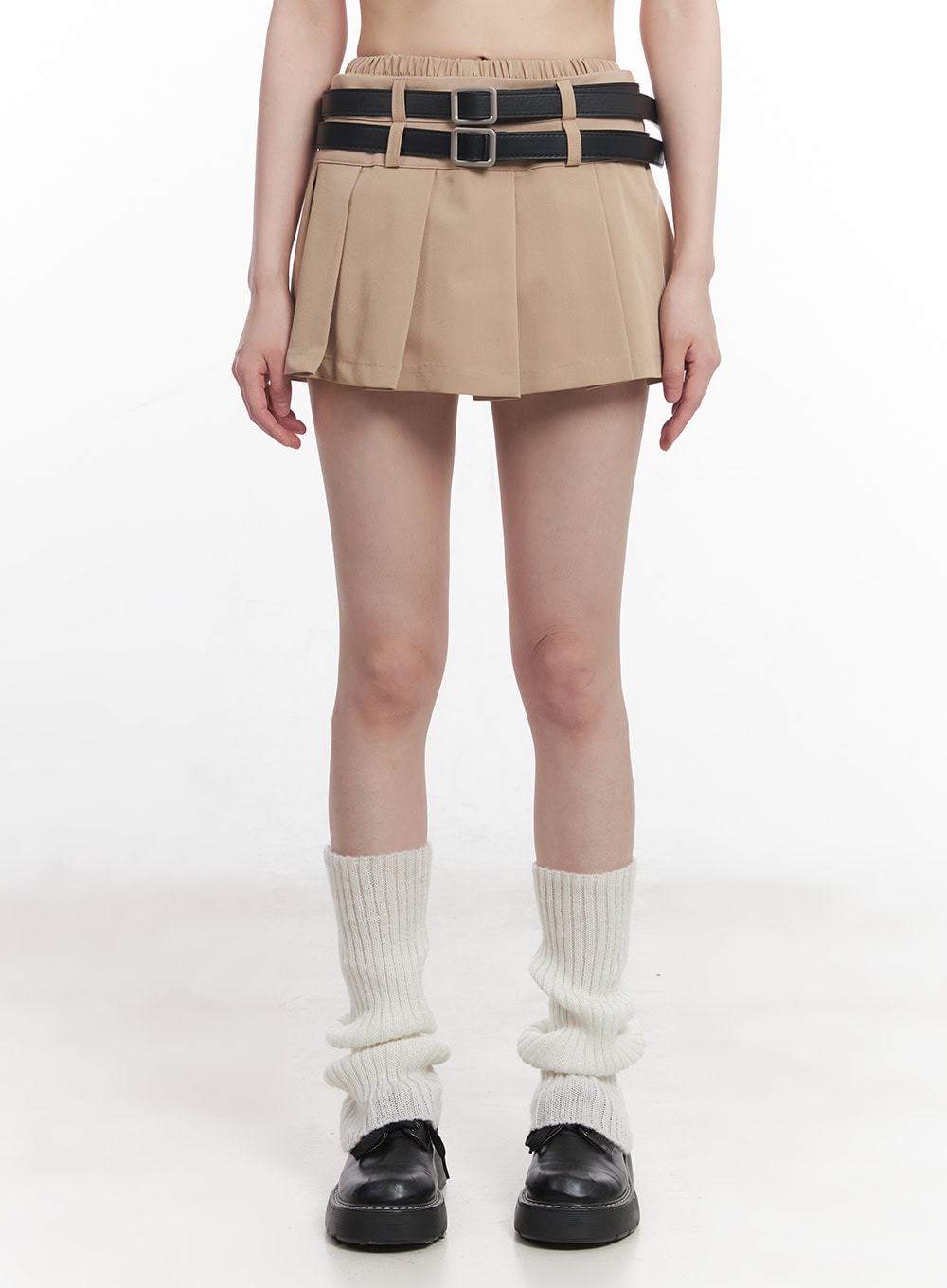 double-belt-pleated-mini-skirt-cu506 / Beige