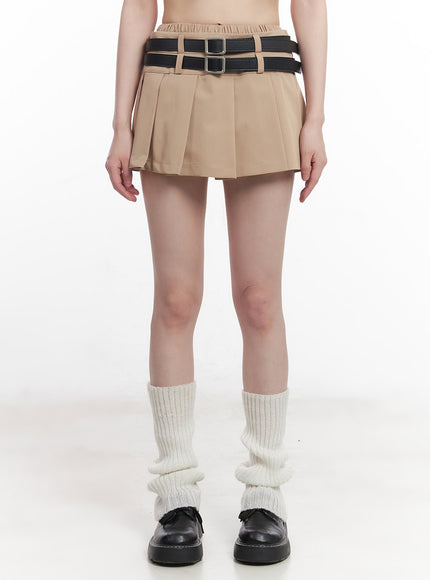double-belt-pleated-mini-skirt-cu506 / Beige