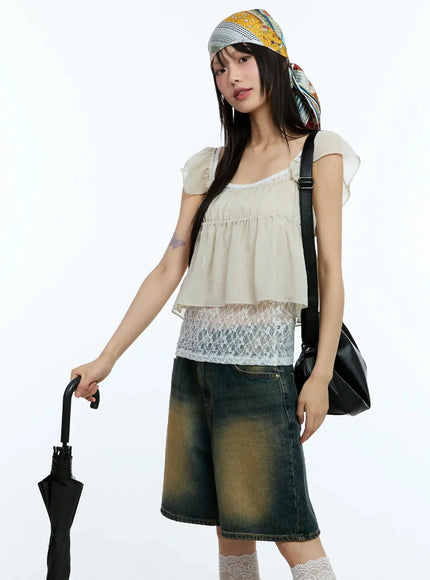 square-neck-flared-crop-top-iu523 / Beige