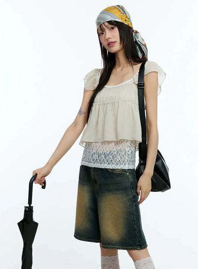 square-neck-flared-crop-top-iu523 / Beige