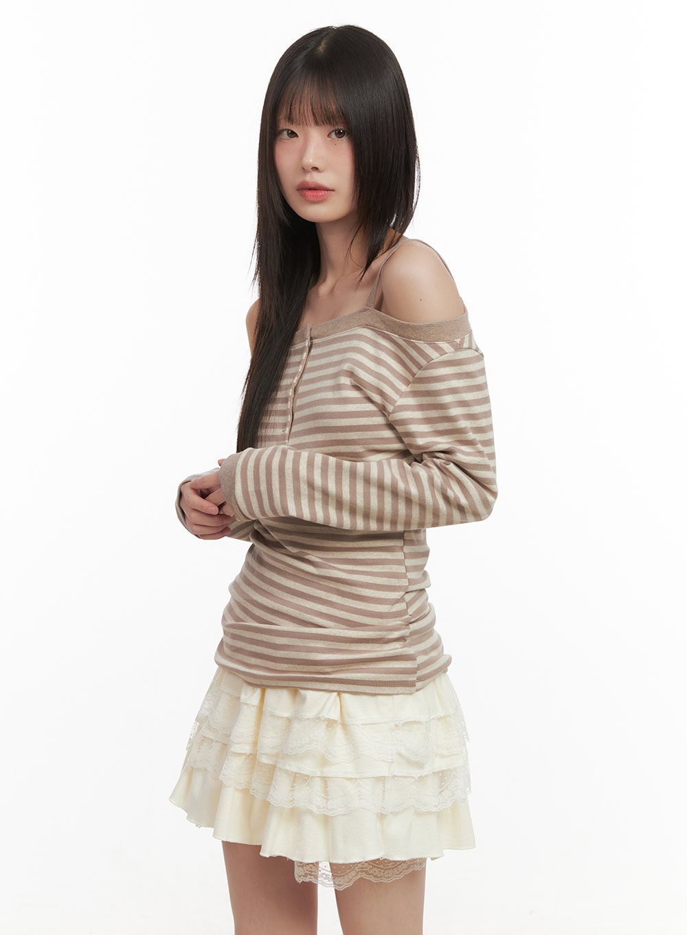 striped-off-shoulder-long-sleeve-top-cd425 / Beige