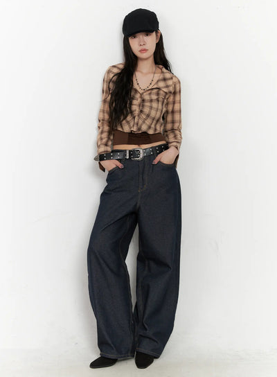 plaid-shirred-crop-long-sleeve-shirt-cn513 / Beige