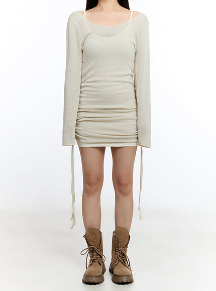 shirred-string-long-sleeve-mini-dress-iu503 / Beige