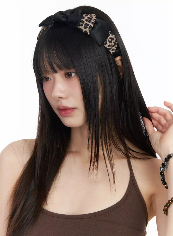 leopard-satin-bow-headband-im530 / Beige