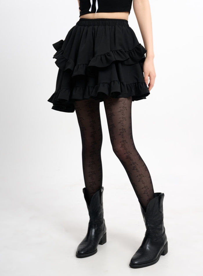 solid-shirred-ruffle-hem-mini-skirt-cm415 / Black