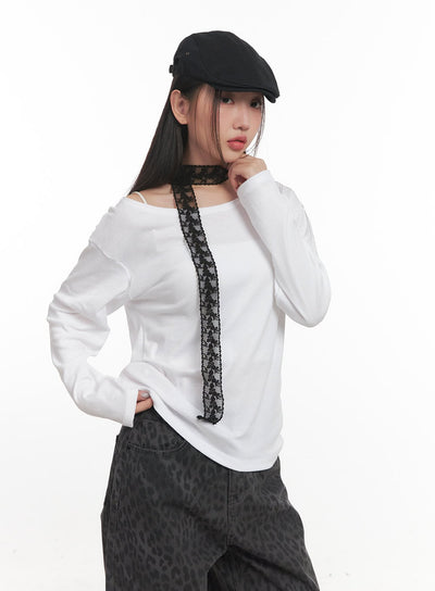 sheer-lace-trim-scarf-cf524 / Black