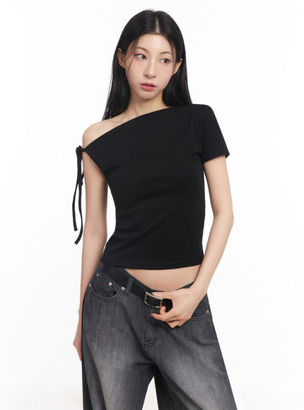 one-shoulder-ribbon-top-iy529 / Black