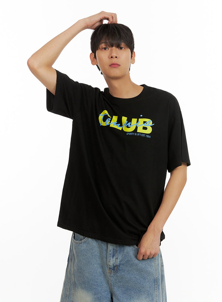 mens-lettering-round-neck-t-shirt-black-iu418 / Black