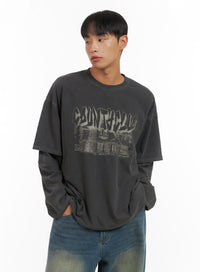 mens-cotton-graphic-layered-long-sleeve-is420 / dark gray