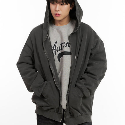 mens-oversized-washed-zip-up-hoodie-ij517 / Black
