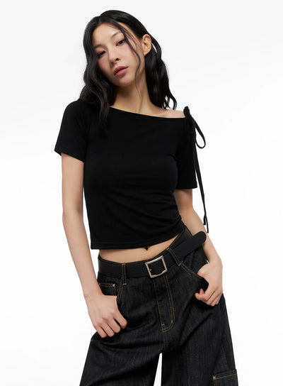asymmetric-shoulder-tie-t-shirt-ig508 / Black