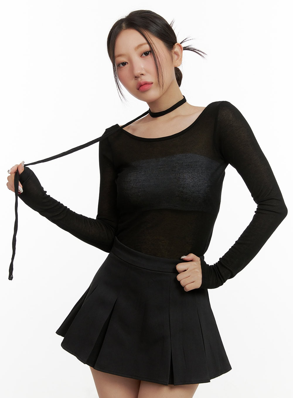 sheer-u-neck-top-with-scarf-ou403 / Black