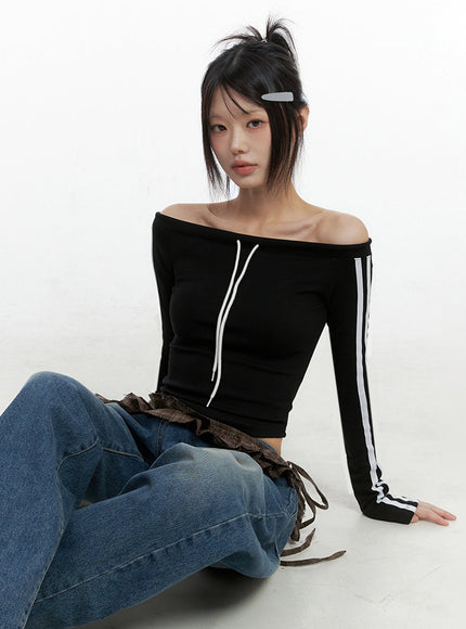 off-shoulder-string-crop-top-io430 / Black