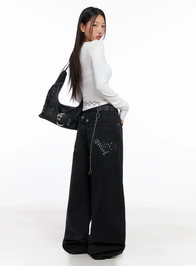 sunwoo-embroidered-wide-leg-jeans-ig528 / Black