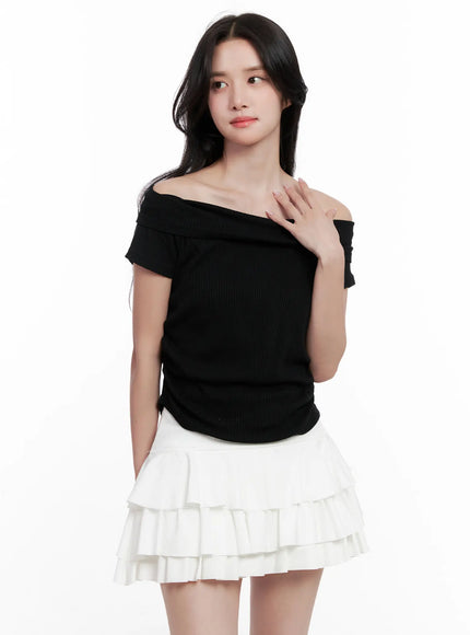 off-shoulder-ribbed-tee-cl515 / Black