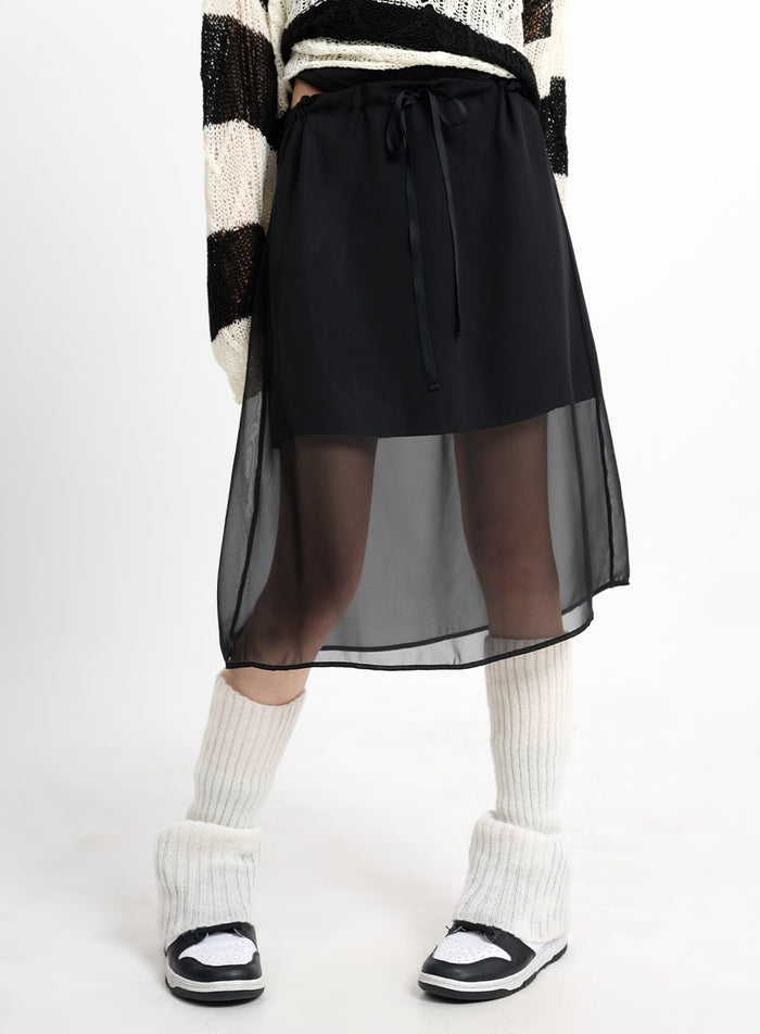 mesh-drawstring-midi-skirt-cm415 / Black