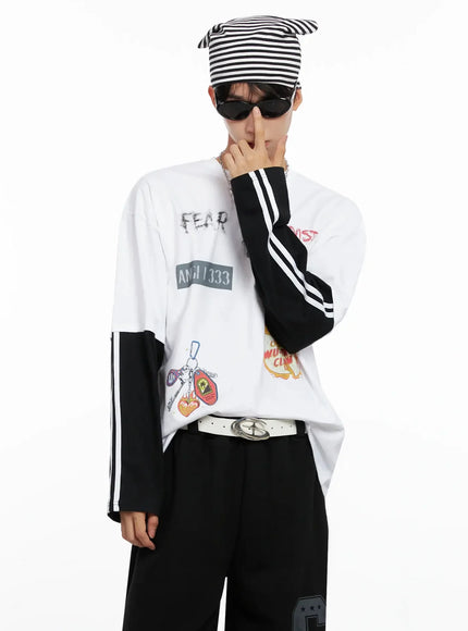 mens-graphic-layered-long-sleeve-top-io517 / White