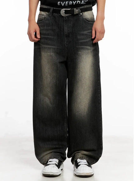 mens-brushed-wide-leg-denim-jeans-il521 / Black