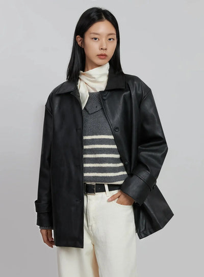 matte-faux-leather-half-jacket-id504 / Black