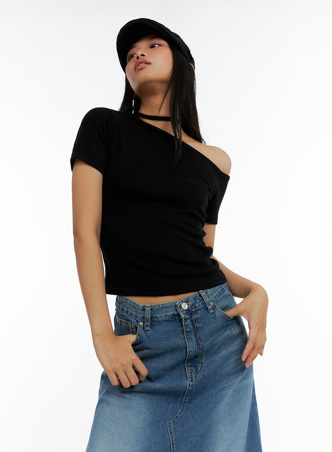 strap-one-shoulder-crop-tee-il419 / Black