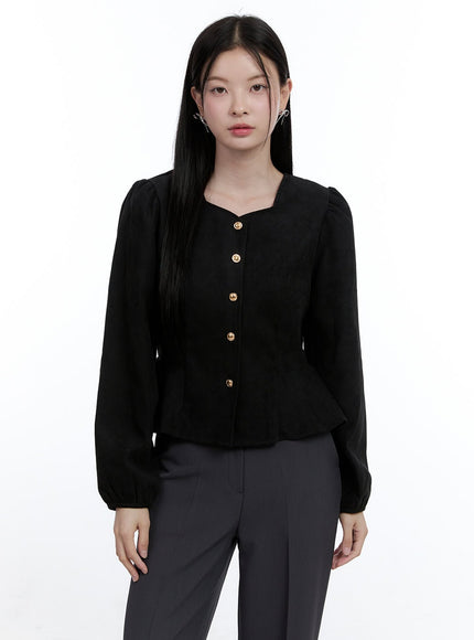 solid-puff-sleeve-blouse-oo429 / Black