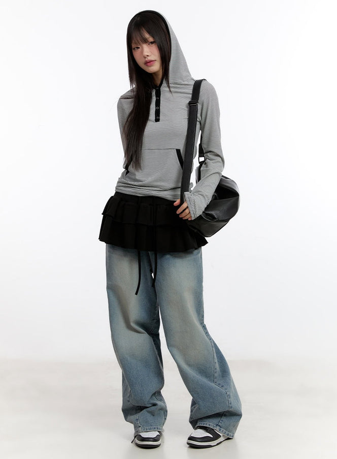 button-stripe-hoodie-top-ca508 / Black