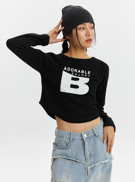 graphic-lettering-long-sleeve-crop-top-cd320 / Black