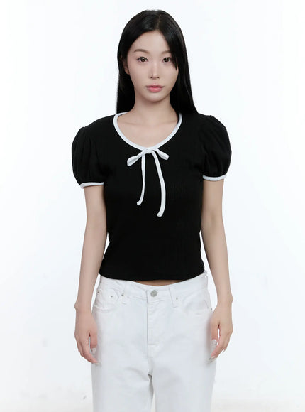 puff-sleeve-ribbon-tie-top-cl530 / Black