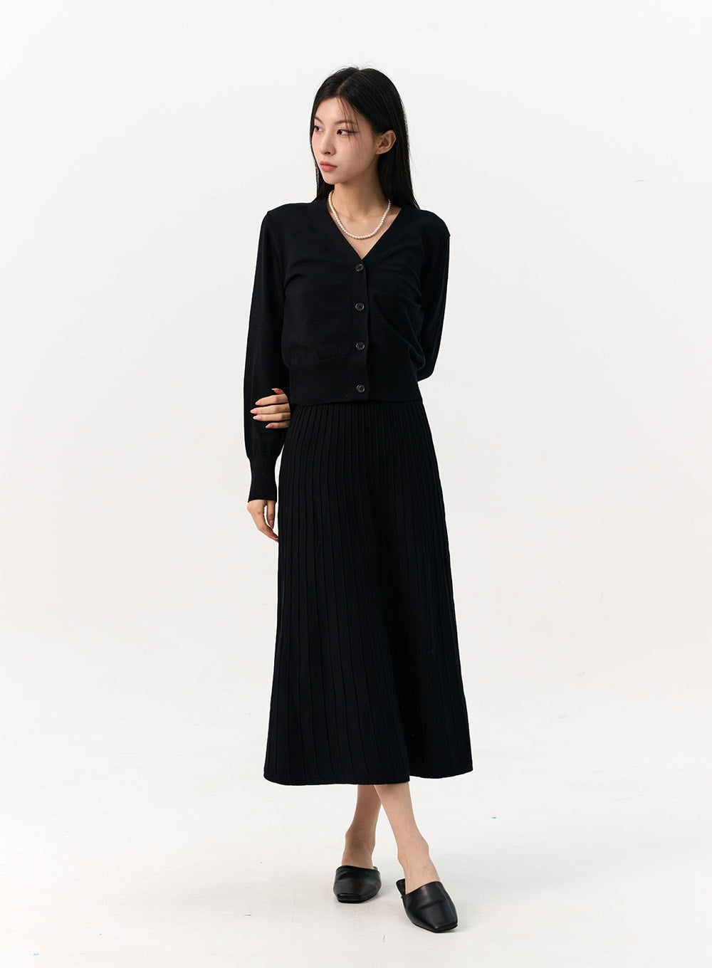 sleeveless-rib-dress-and-cardigan-set-io320 / Black